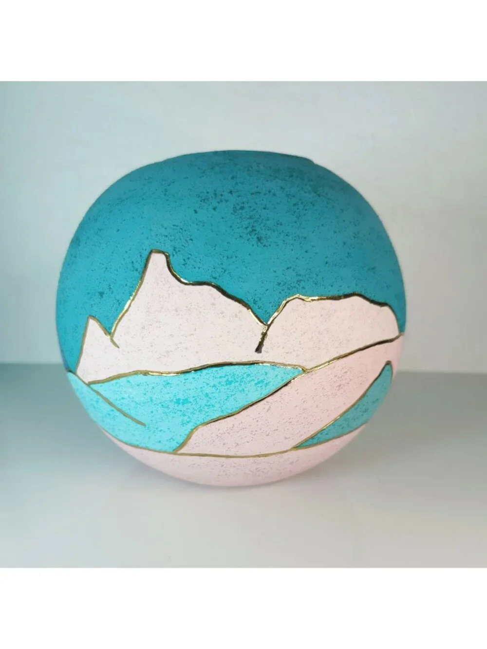 Vintage Southwest Ceramic Vase Abstract Mountain Scene Turquoise Pink Gold Trim